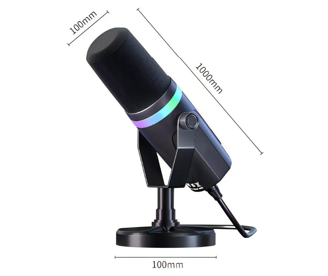 Black Nordzens Microphone with measurements on a white background