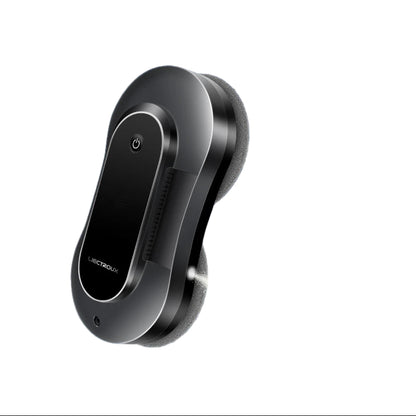 Black handheld Nordzens Window Cleaning Robot with water spray on a blurred cityscape background