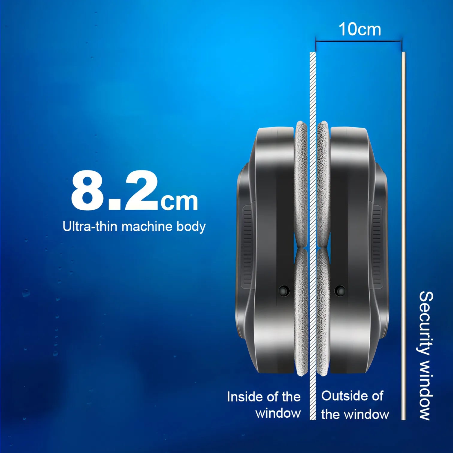 Illustration of an Nordzens Window Cleaning Robot body with a security window on a blue background
