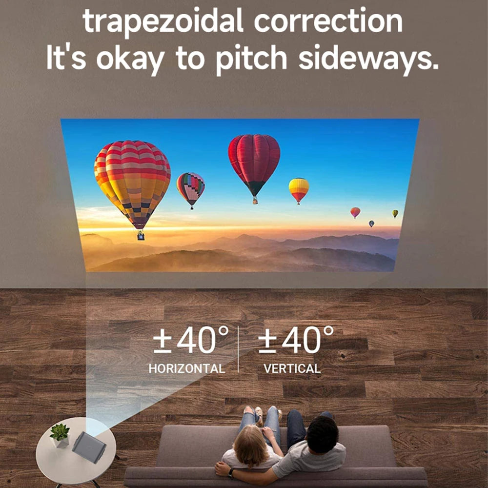 Nytvisuel Projector screen with hot air balloons projection and trapezoidal correction text.