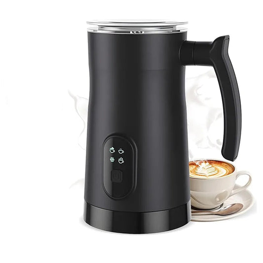Black electric milk frother with a cup of coffee in the background
