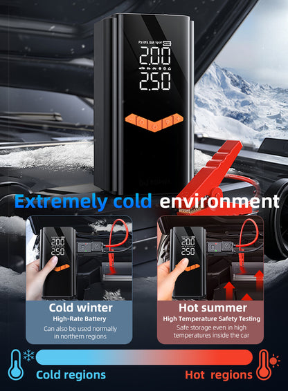 Car Ocanvas 2 in 1 Jump Starter & Tyre Inflator with digital display in a cold and hot environment setting