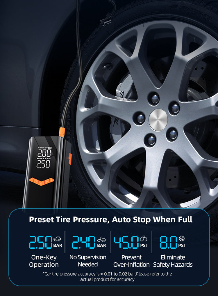 Ocanvas 2 in 1 Jump Starter & Tyre Inflator next to a car tire with tire pressure display on screen.