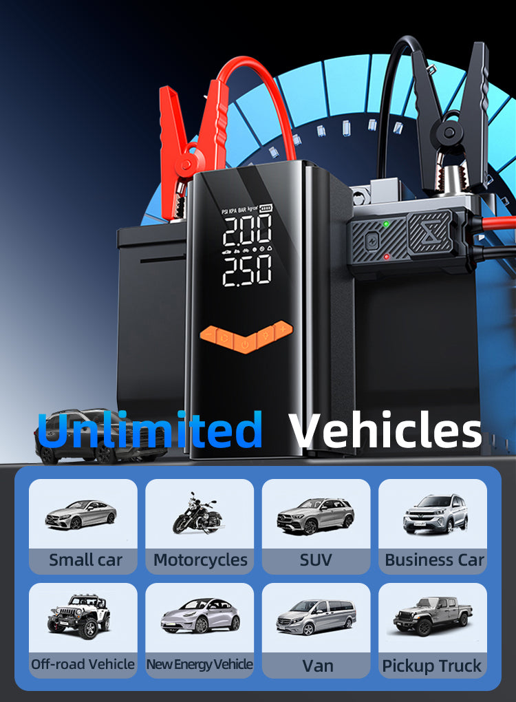 Black Ocanvas 2 in 1 Jump Starter & Tyre Inflator with digital display and clamps on a blue gradient background, featuring icons of different vehicle types below.