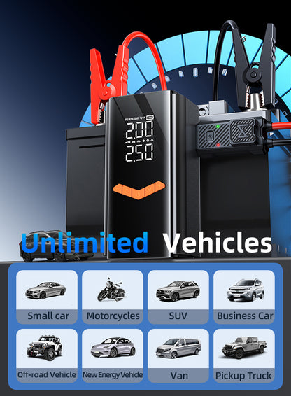 Black Ocanvas 2 in 1 Jump Starter & Tyre Inflator with digital display and clamps on a blue gradient background, featuring icons of different vehicle types below.