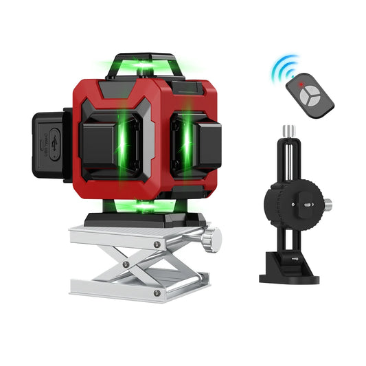 Red Ocanvas 4d 16 Lines Laser Level with green beams, remote control, and adjustable stand on a white background