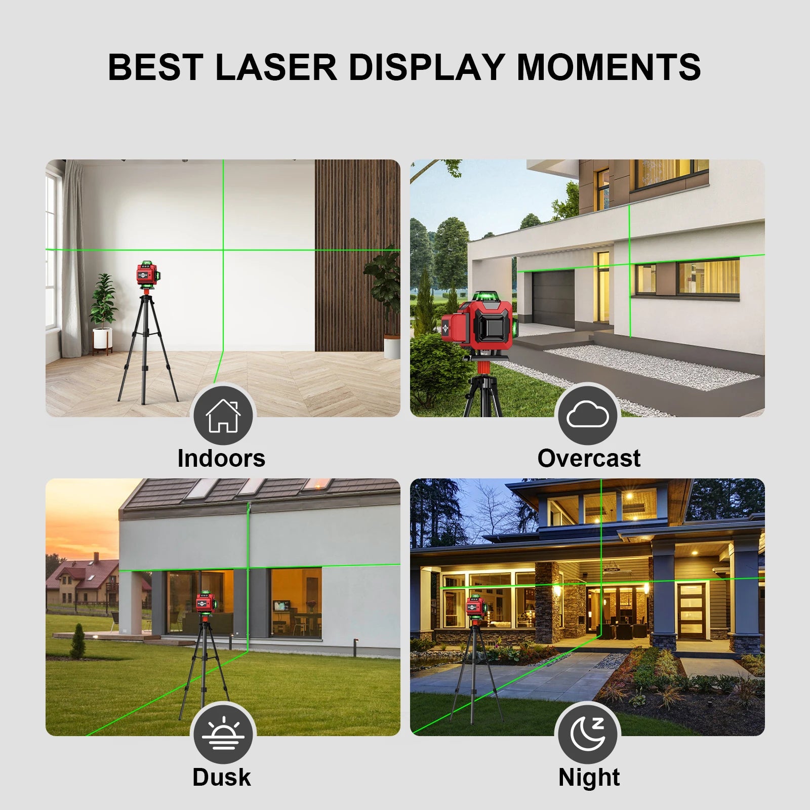 Collage of laser display moments indoors, overcast, dusk, and night with a red Ocanvas 4d 16 Lines Laser Level on a tripod.