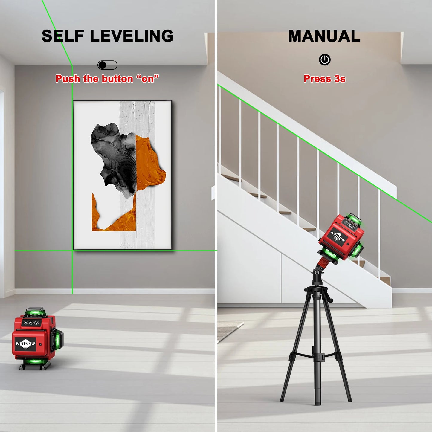 Two scenarios showing a Ocanvas 4d 16 Lines Laser Level device in use for self-leveling and manual settings.