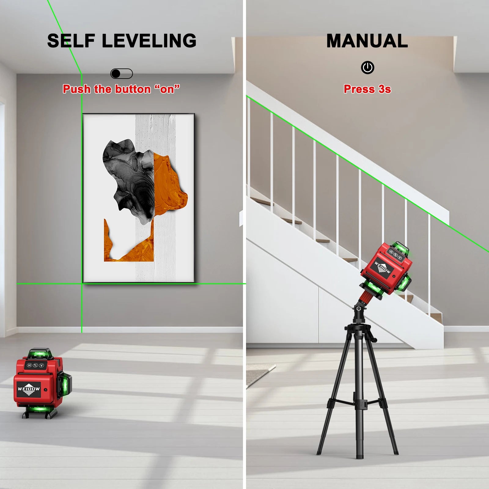 Two scenarios showing a Ocanvas 4d 16 Lines Laser Level device in use for self-leveling and manual settings.