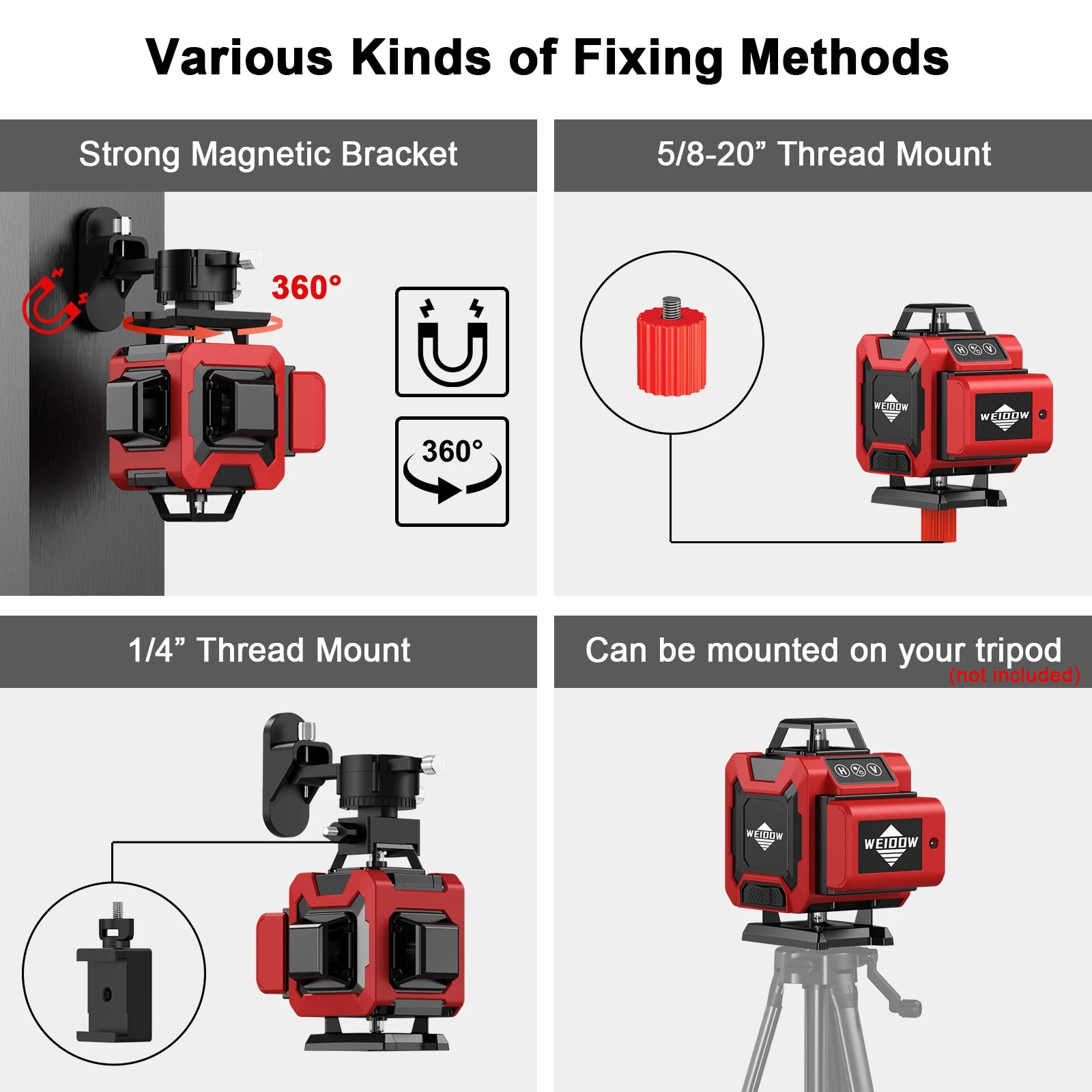 Diagram showing various fixing methods for a red Ocanvas 4d 16 Lines Laser Level device with text labels.