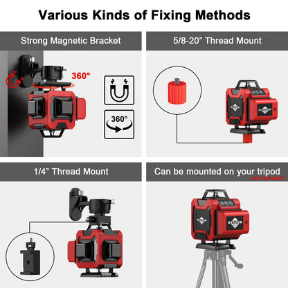 Diagram showing various fixing methods for a red Ocanvas 4d 16 Lines Laser Level device with text labels.