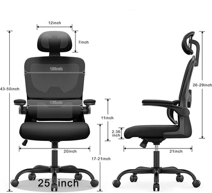 Black Ocanvas Ergonomic Office Chair with detailed measurements on a white background