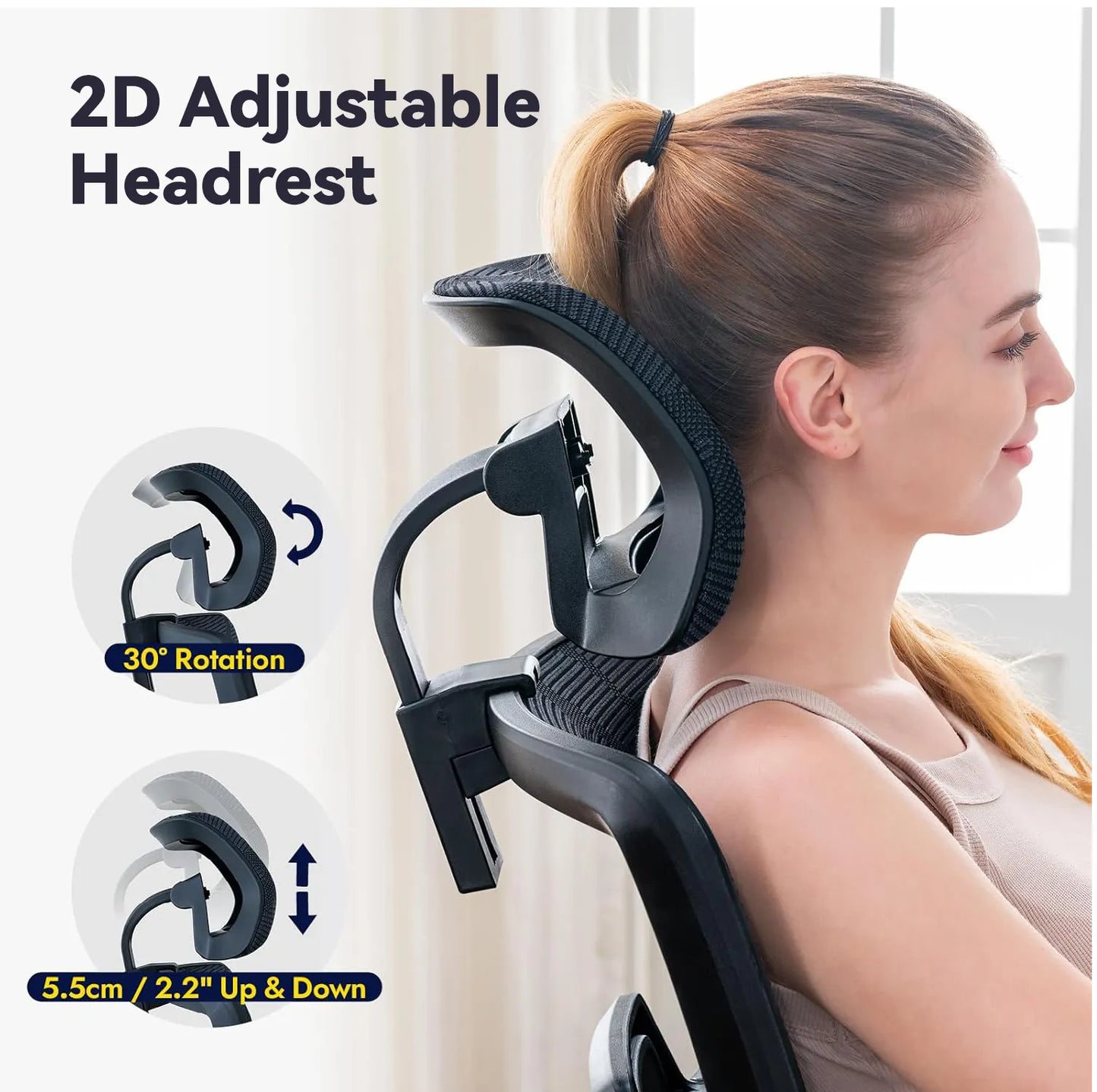Woman using a 2D adjustable headrest with text indicating rotation and height adjustment capabilities.
