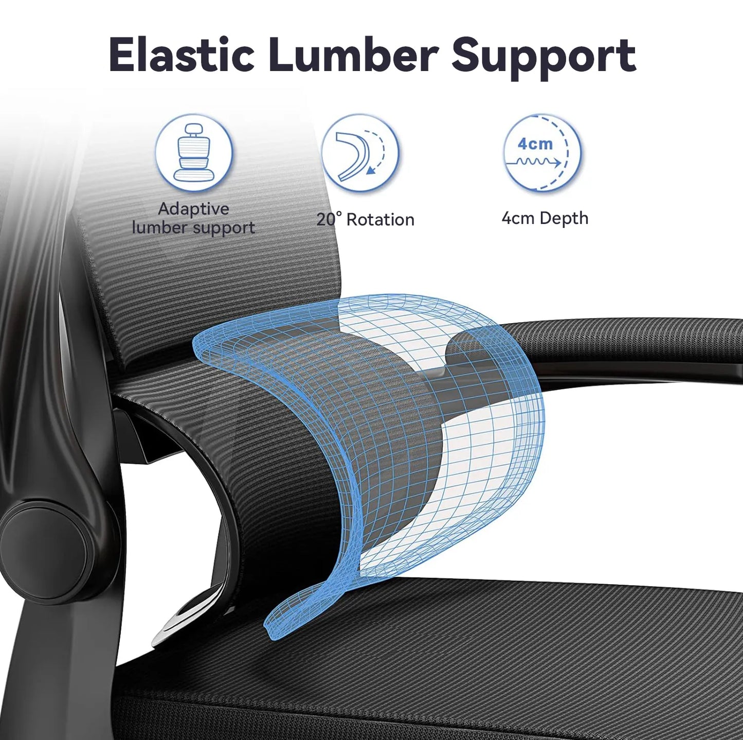 Elastic lumber support feature on a Ocanvas Ergonomic Office Chair with labeled benefits.