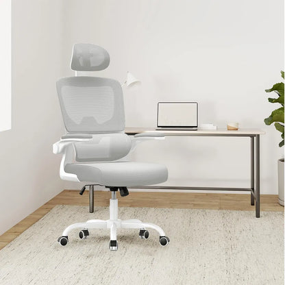White Ocanvas Ergonomic Office Chair in a minimalistic room with a desk and laptop.