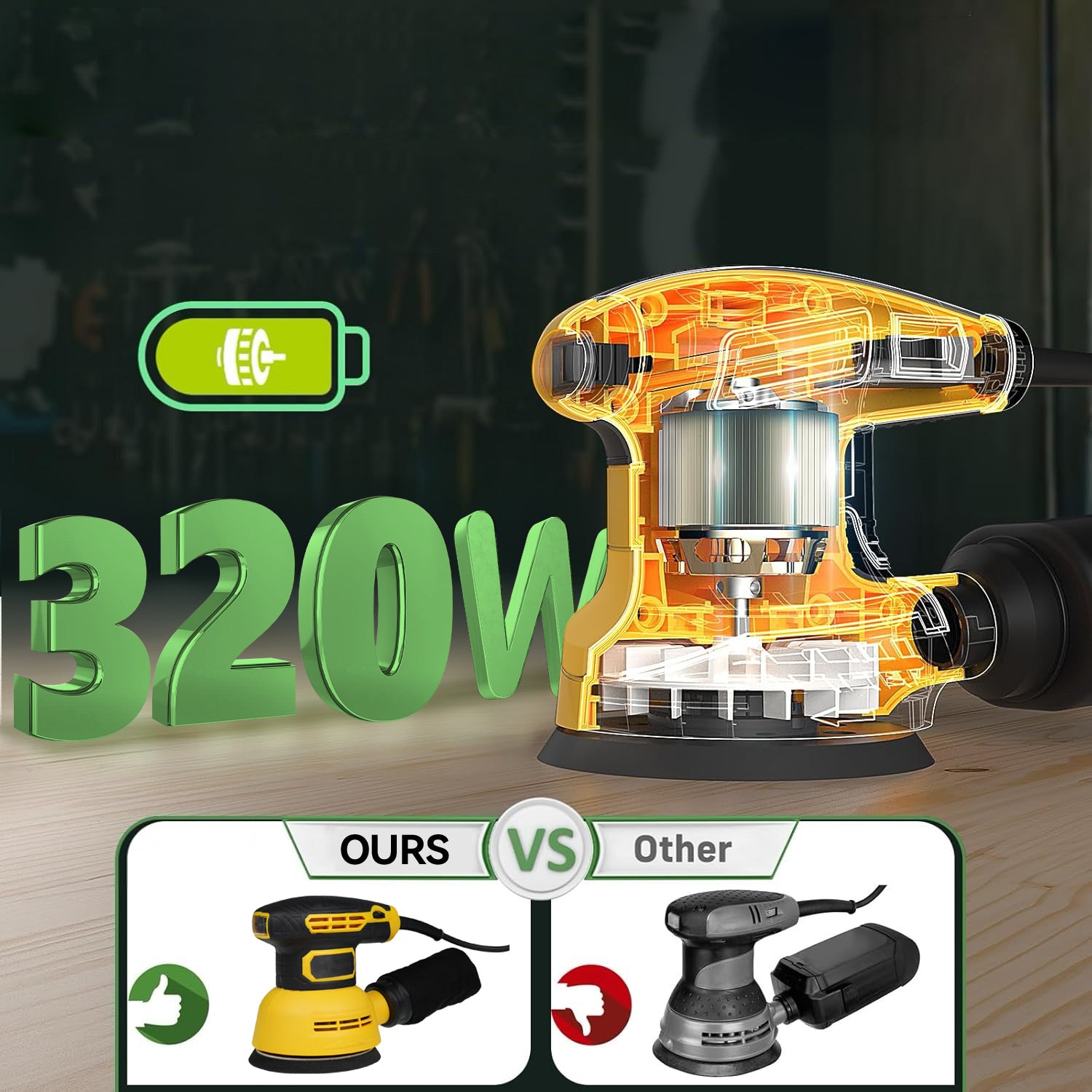 320W power tool with cutaway design, battery icon, and 'Ours vs Other' comparison on a dark background.