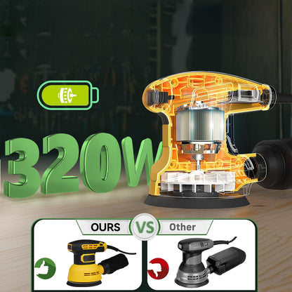320W power tool with cutaway design, battery icon, and 'Ours vs Other' comparison on a dark background.