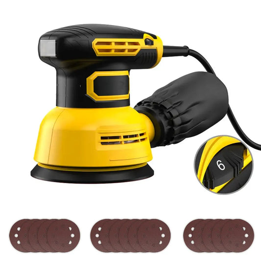 Yellow and black Ocanvas Orbital Sander with sanding discs on a white background