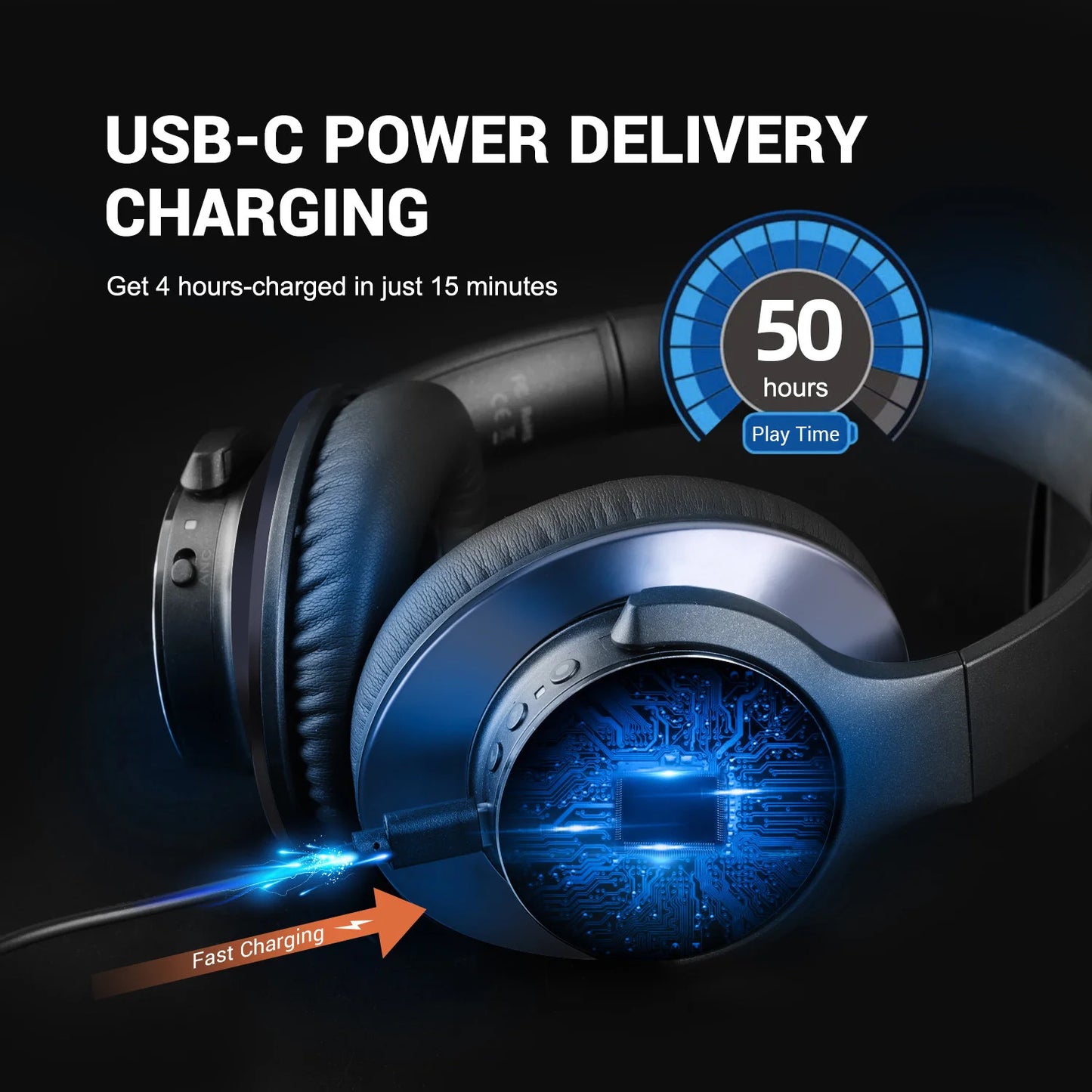 Oneodio A Series Headphones with USB-C power delivery charging feature on a dark background