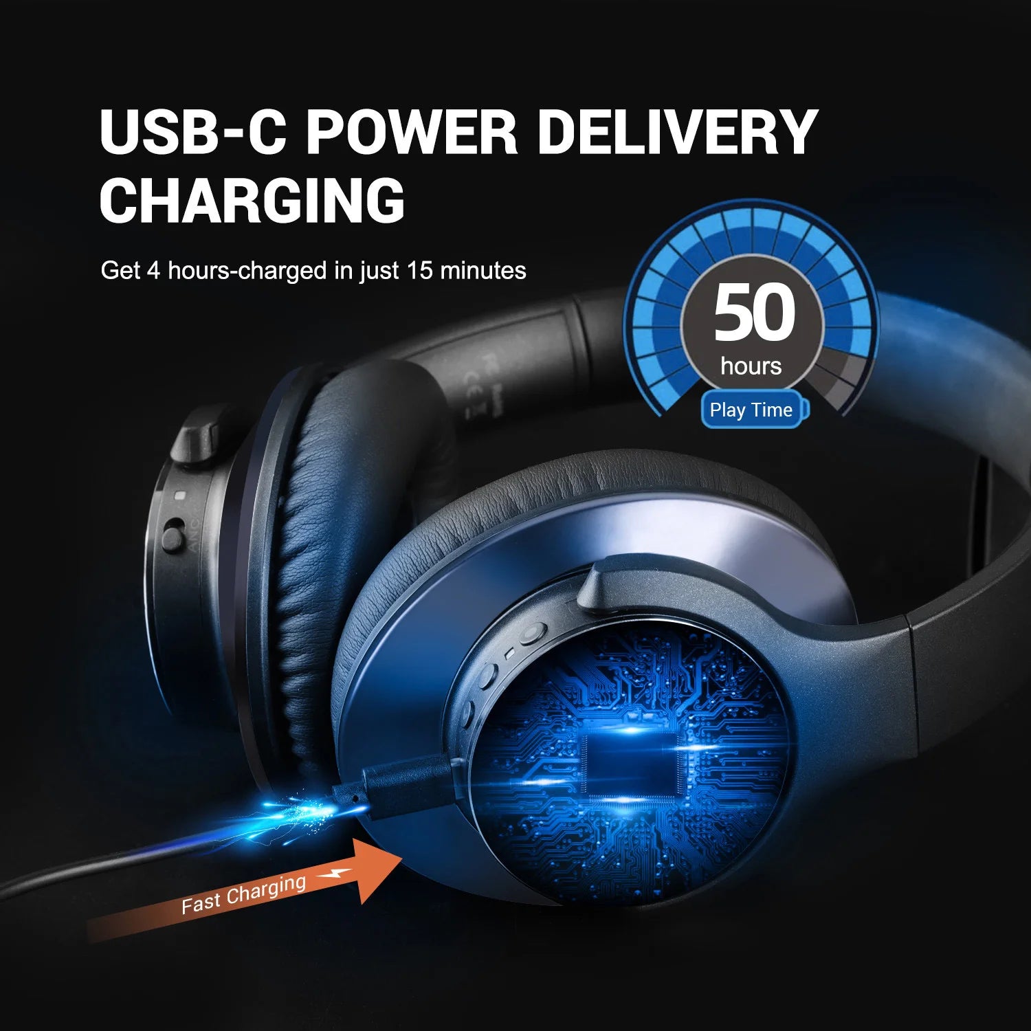 Oneodio A Series Headphones with USB-C power delivery charging feature on a dark background