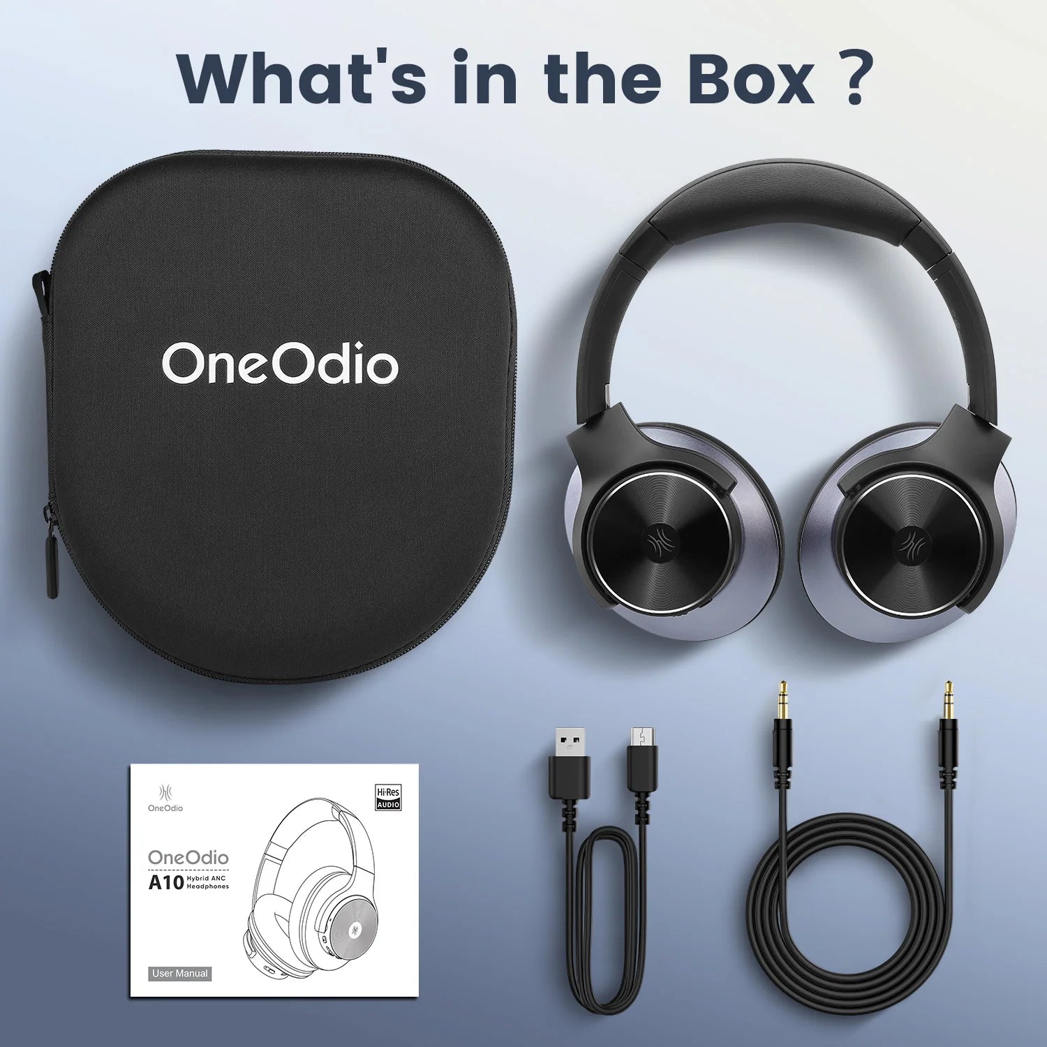 OneOdio headphones with carrying case, cables, and packaging on a blue background