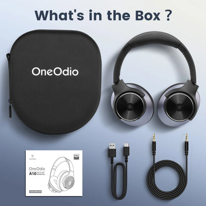 OneOdio headphones with carrying case, cables, and packaging on a blue background