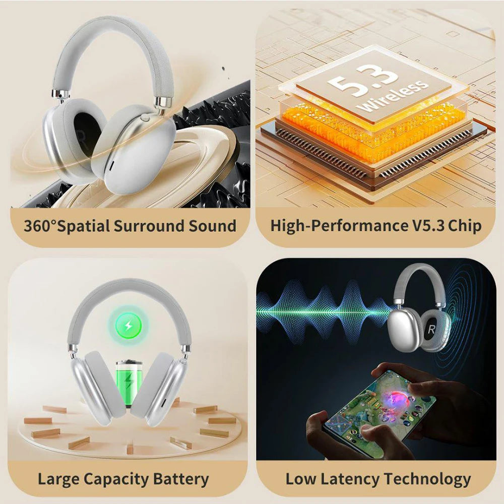 Collage of features including 360° spatial surround sound, high-performance V5.3 chip, large capacity battery, and low latency technology with headphones and smartphone.