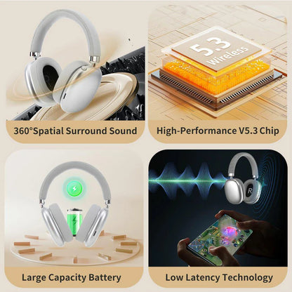 Collage of features including 360° spatial surround sound, high-performance V5.3 chip, large capacity battery, and low latency technology with headphones and smartphone.