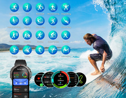 Person surfing with fitness app icons and Praxia GPS Smartwatch display on a blue ocean wave background