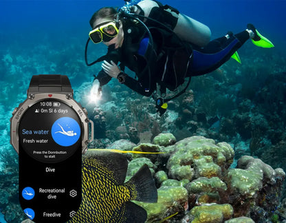 Scuba diver underwater with a Praxia GPS Smartwatch displaying dive information