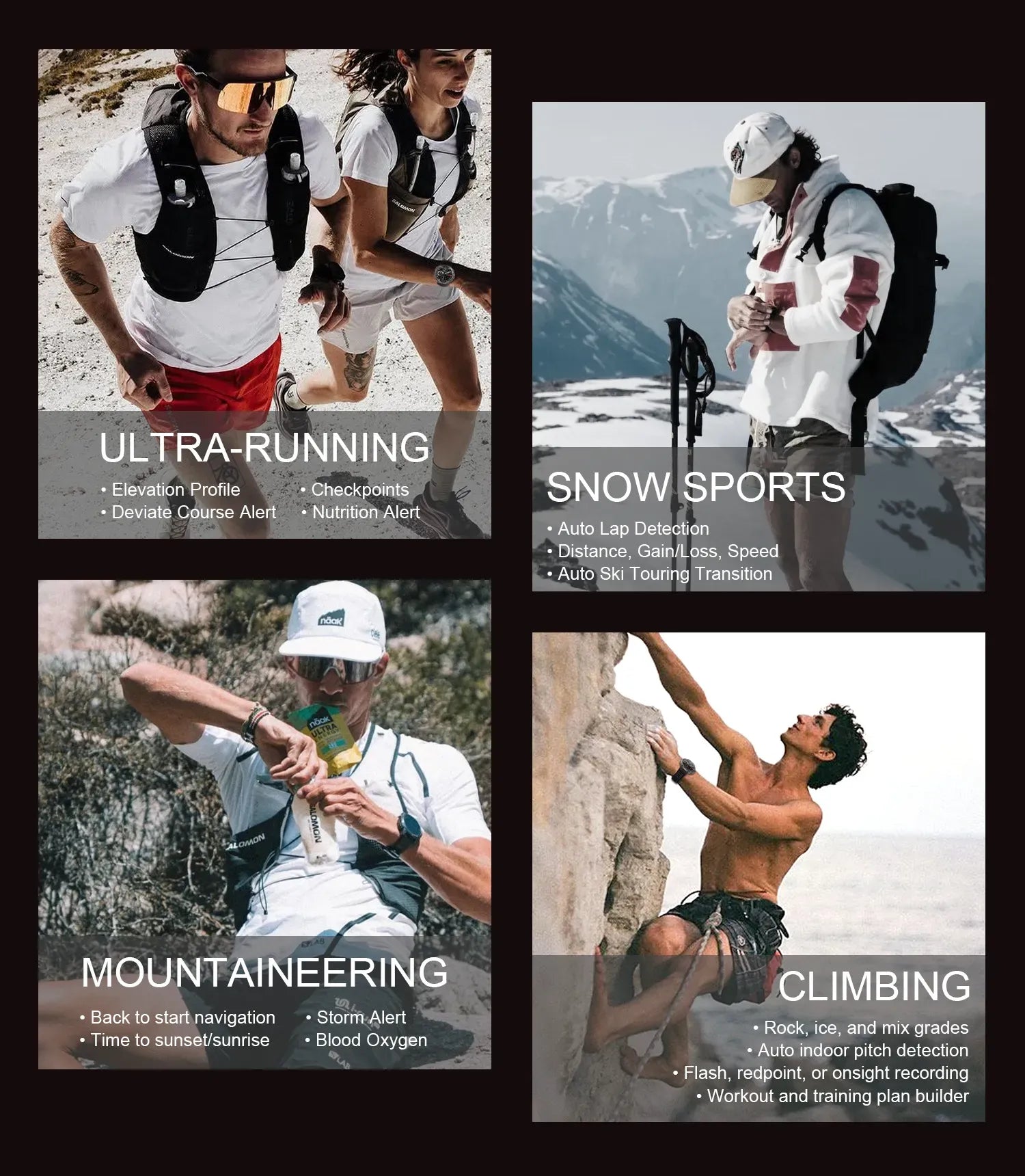 Collage of people engaging in ultra-running, snow sports, mountaineering, and climbing with text describing each activity.