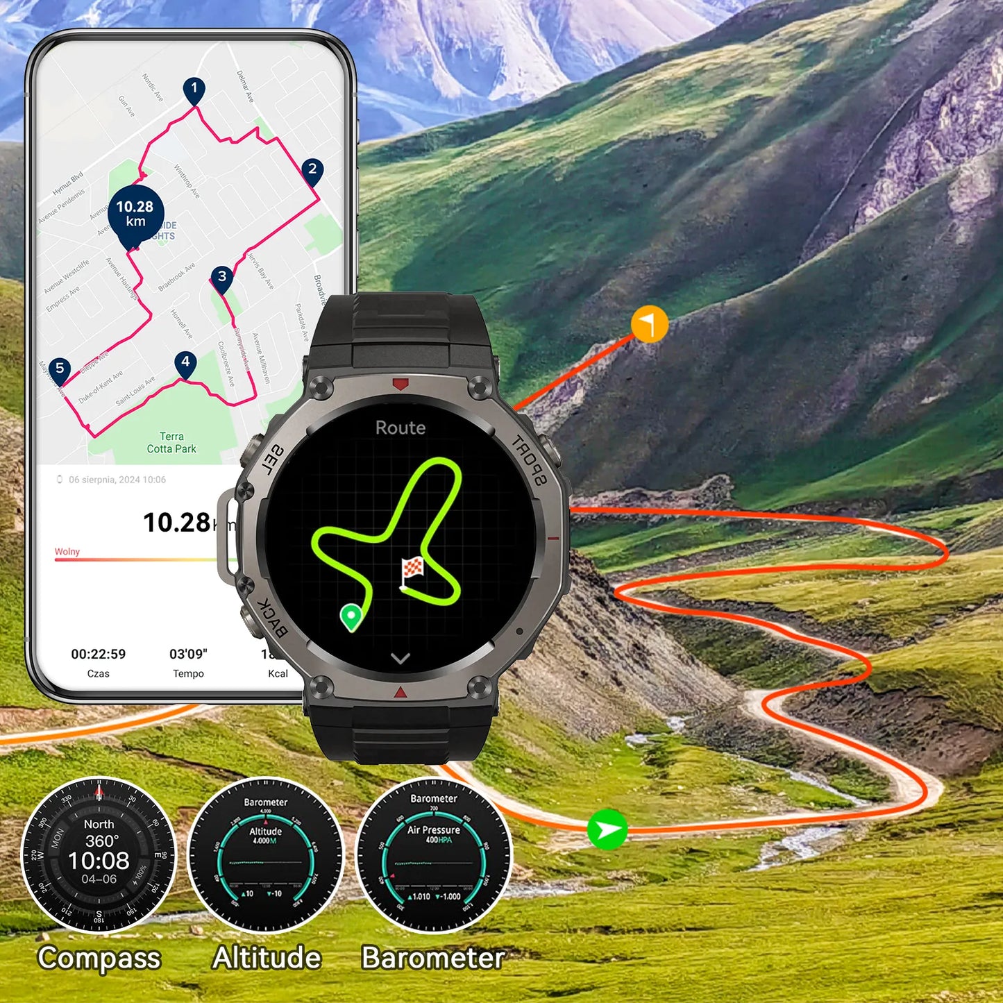 Praxia GPS Smartwatch with navigation app on a mountainous landscape