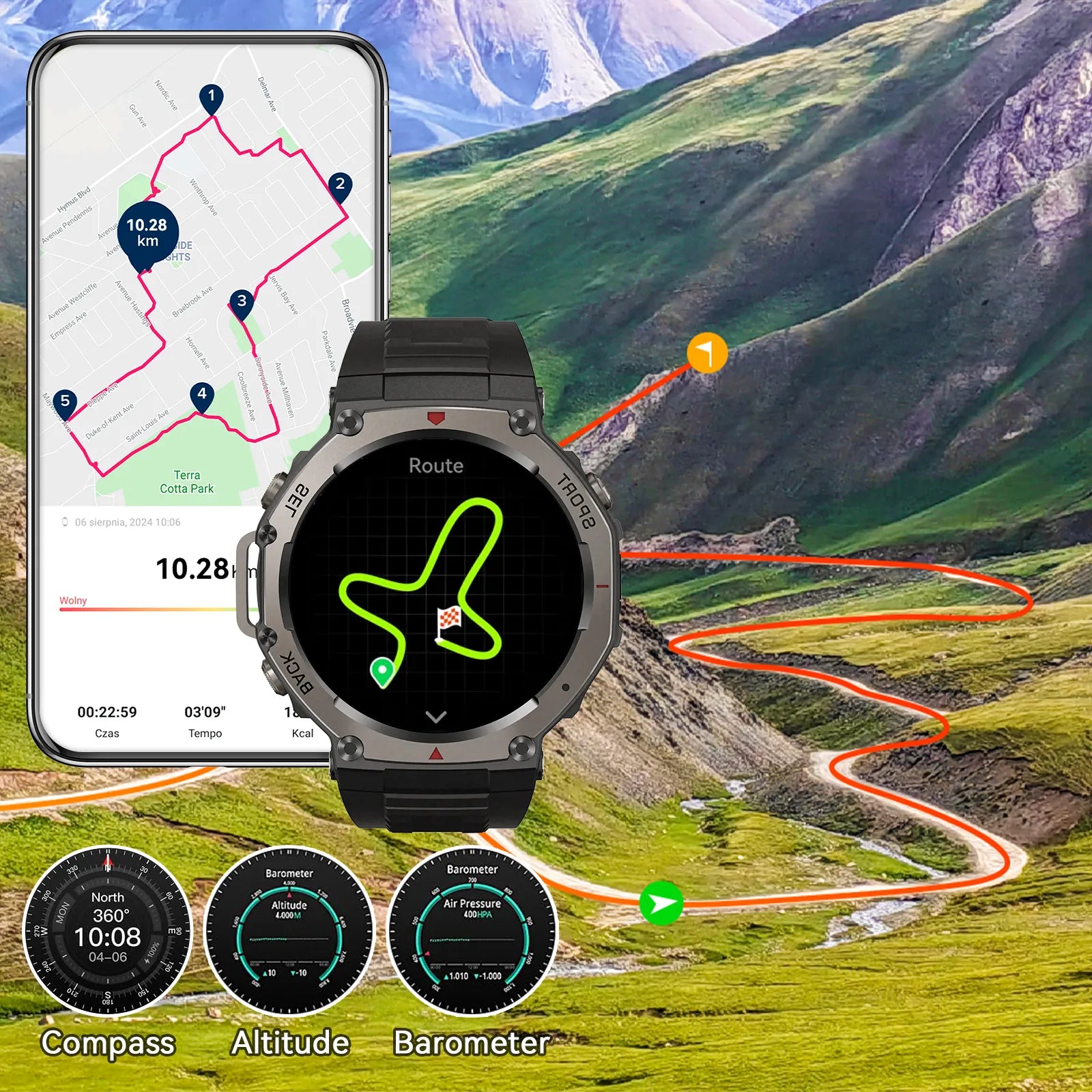 Praxia GPS Smartwatch with navigation app on a mountainous landscape