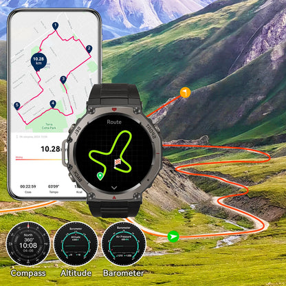 Praxia GPS Smartwatch with navigation app on a mountainous landscape