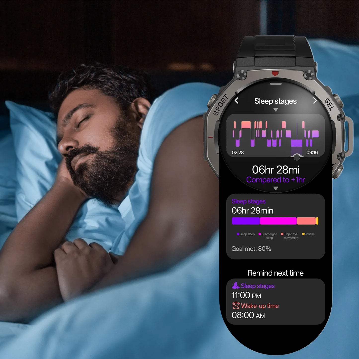 Praxia GPS Smartwatch displaying sleep stages on a person lying in bed