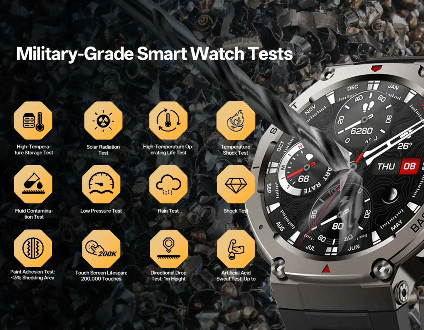 Military-grade Praxia GPS Smartwatch with test icons on a rugged background