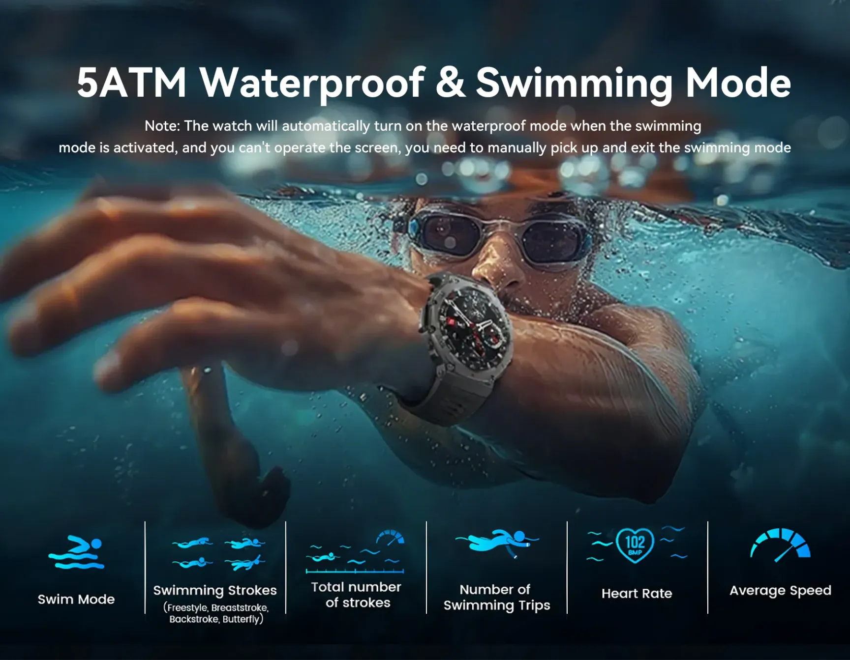 Person swimming underwater with a watch, highlighting 5ATM waterproof and swimming mode features.