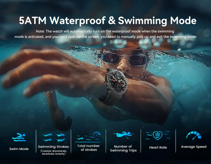 Person swimming underwater with a watch, highlighting 5ATM waterproof and swimming mode features.