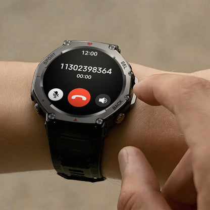 Praxia GPS Smartwatch on a wrist with a call interface displayed on the screen.
