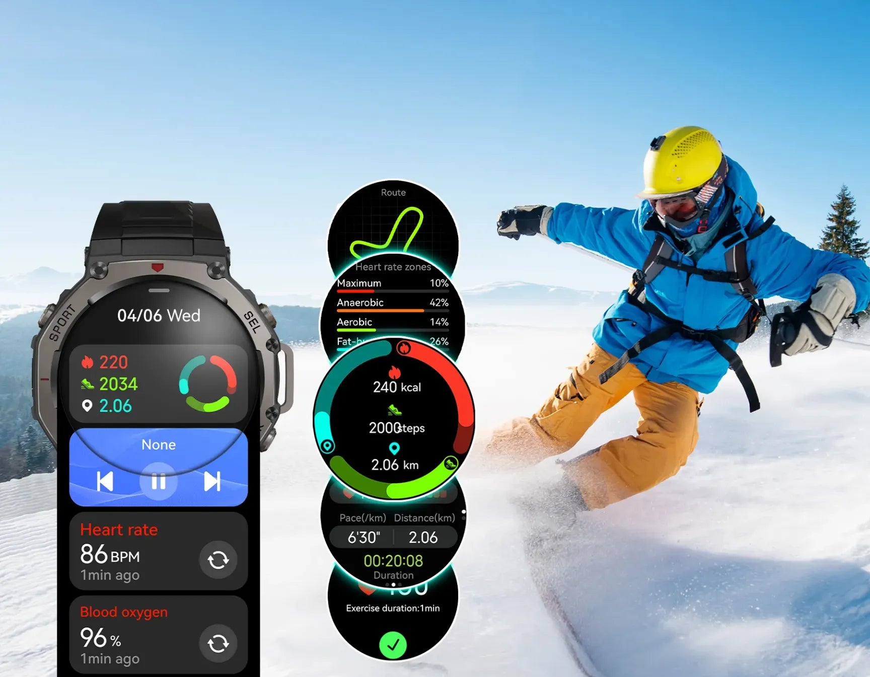 Praxia GPS Smartwatch displaying various fitness metrics with a person skiing in the background