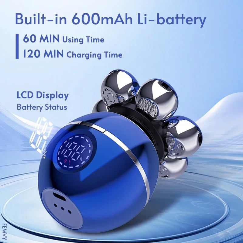 Blue handheld device with battery information on a blue background