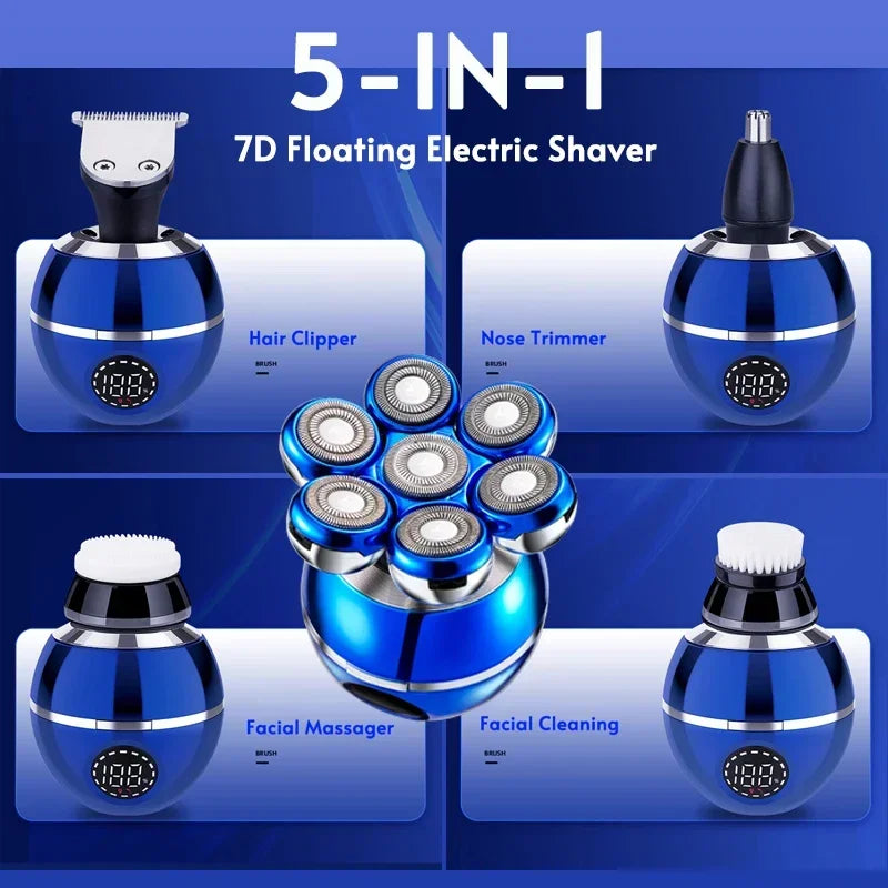 5-in-1 7D Floating Electric Shaver with multiple attachments on a blue background