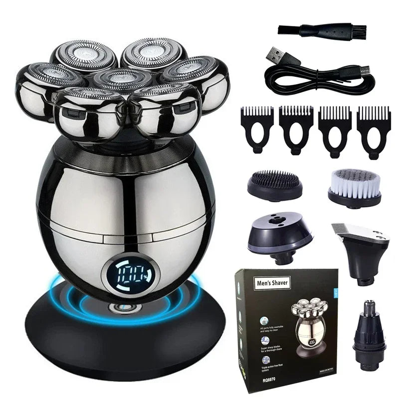 Electric shaver set with multiple attachments and packaging on a white background