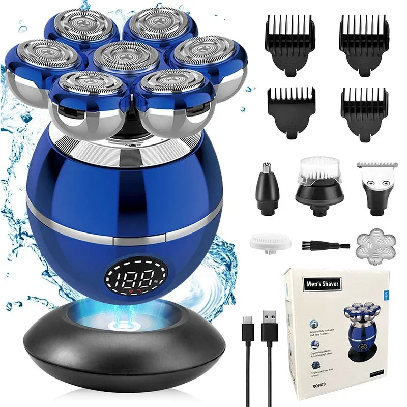 Blue electric shaver with attachments and packaging on a white background