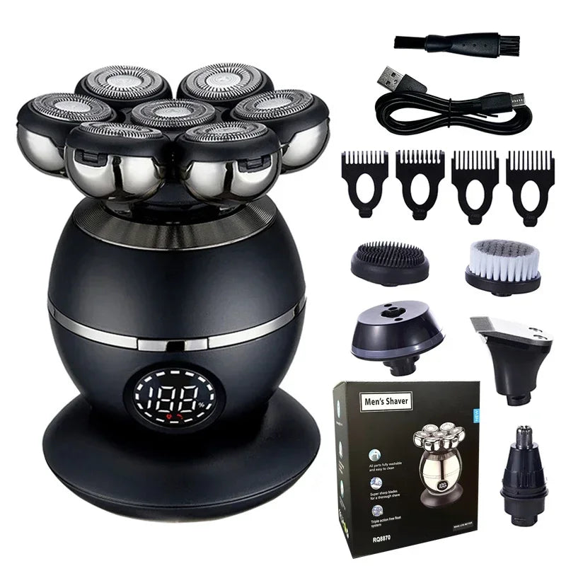 Black electric shaver with multiple attachments and packaging on a white background