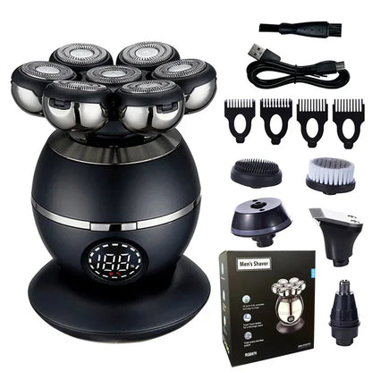 Black electric shaver with multiple attachments and packaging on a white background