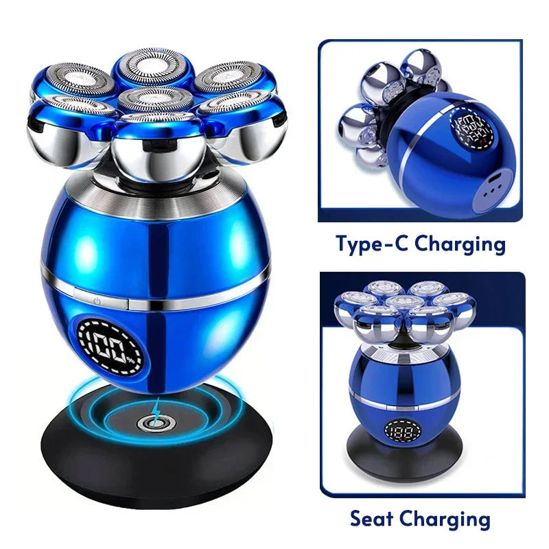 Blue electric shaver with charging features on a white background
