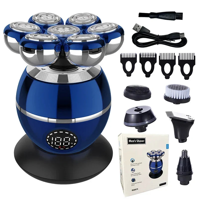 Blue electric shaver with attachments and packaging on a white background
