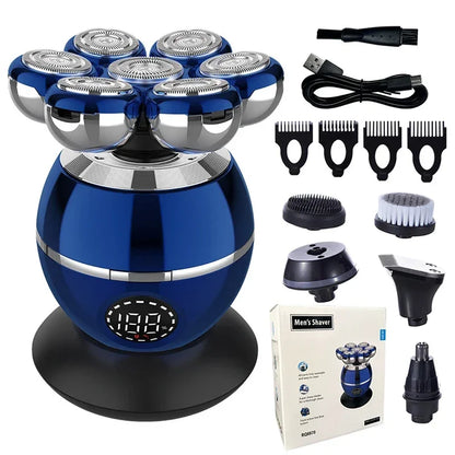 Blue electric shaver with attachments and packaging on a white background