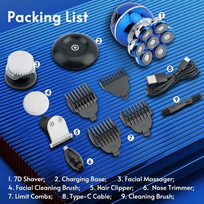 Packing list of a grooming kit with various attachments on a blue textured background.